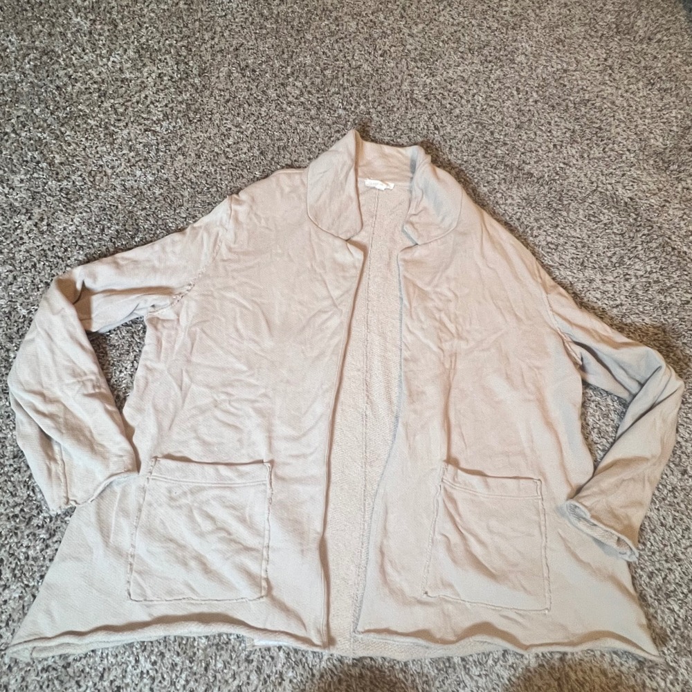 Eileen Fisher Womens Large Organic Cotton French Terry Open Cardigan Beige Tan‎